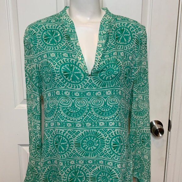 Tory Burch Green Gray Silk Geometric Sequin Tunic Top, Size 8 - Picture 1 of 10